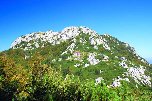 a lone mountain hut sits amidst the rocky terrain in Risnjak national park