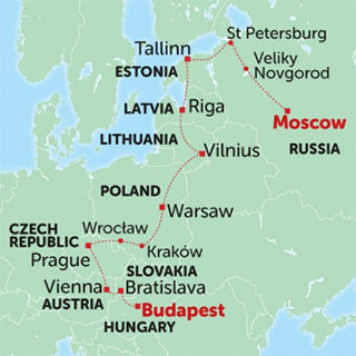 Image of map showing Tucan Travel's Moscow to Budapest small group tour