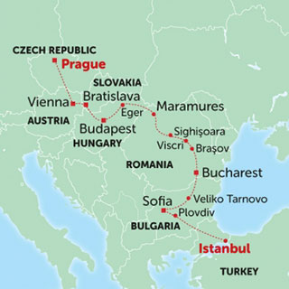 Map showing Prague to Istanbul small group tour