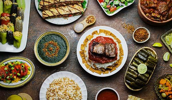 typical table lunch spread of arabic egyptian food