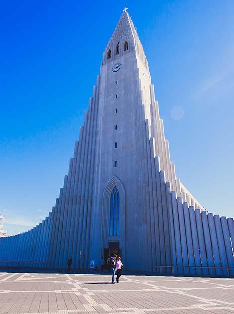 clear blue sky above hallgrimskirkja cathedral in reykjavik iceland lutheran parish church