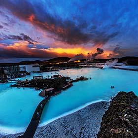 red stormy sky over the blue lagoon hot spring in iceland