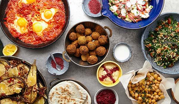 a spread of vegetarian and vegan food in israel