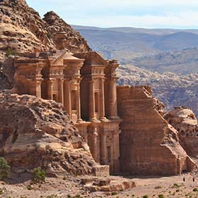 looking down onto the treasury in the ancient city of petra