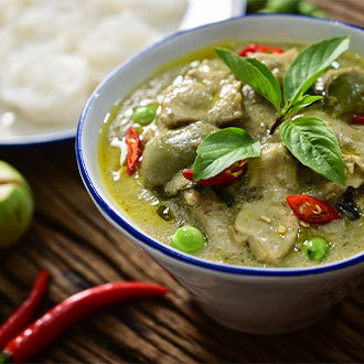 Green curry is made using chicken and a range of spices