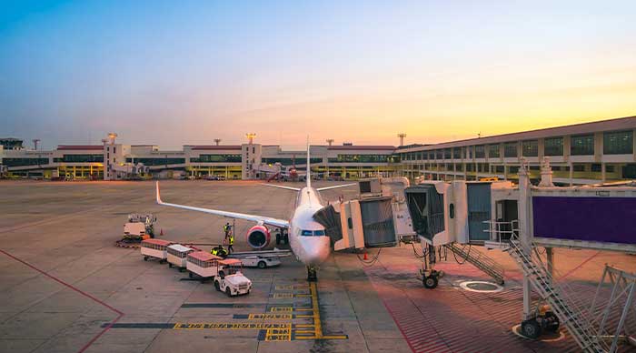 a front view of a plane at Suvarnabhumi International Airport in Bangkok 