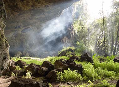 cave and waterfall over rocks and green grass at mount ergon national park in uganda