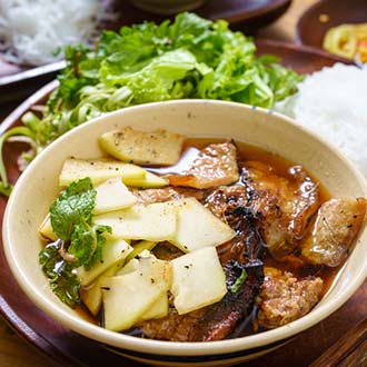 Bun cha is a Northern Vietnamese noodle with grilled pork served with fresh herbal