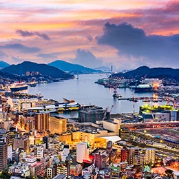 view of nagasaki skyline bay at sunset in japan