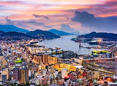 nagasaki city in the bay with mountains in the background