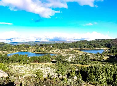 green hills, forests and fields with two pools and clear sky at nyanga mountains national park in zimbabwe