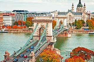 budapest from above showing bridge across danube river on eastern europe tour to busapest