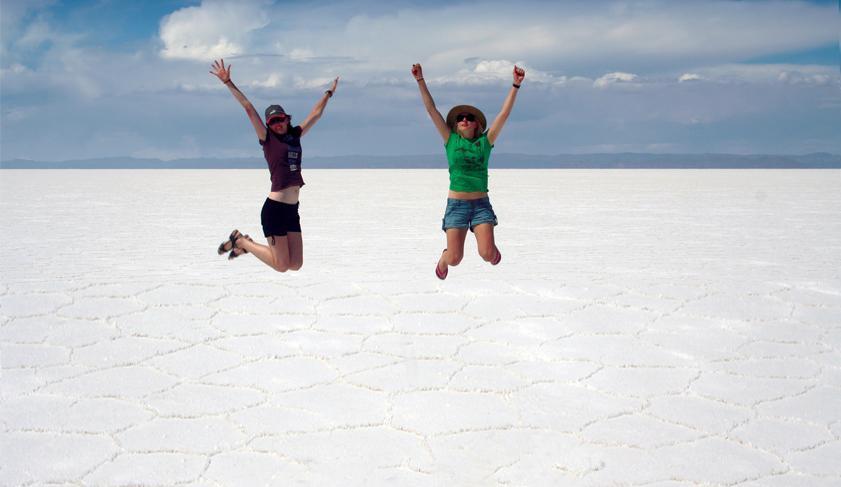 Jumping for joy at the Uyuni Salt Flats, Bolivia