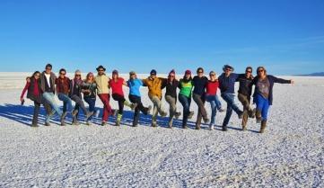 A blue sky day at the Uyuni Salt Flats, Bolivia